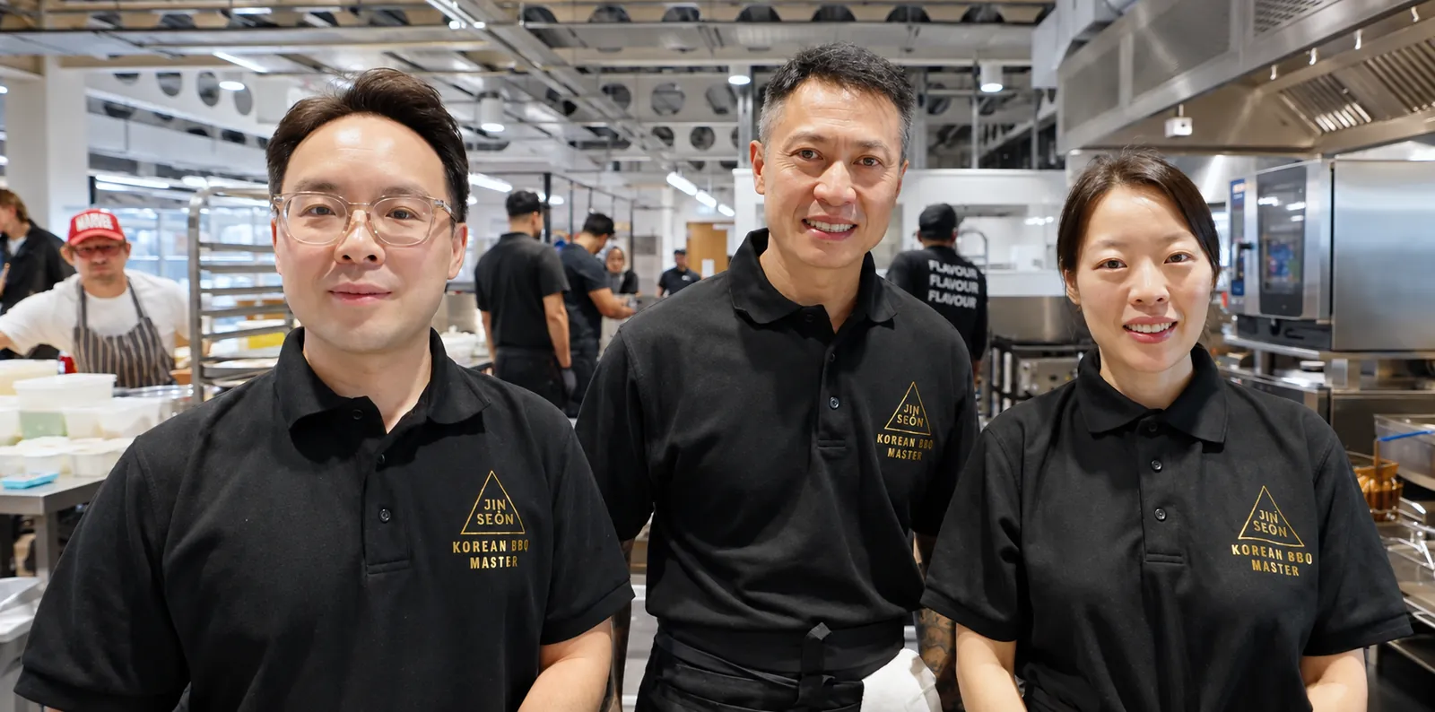 Three of the Jinseon team in black Jinseon polo shirts, smiling in a large professional kitchen.