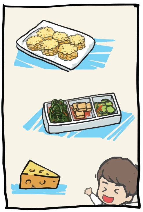 Comic: what arrives with the grill, drawn on the table: a plate of sweetcorn, a tray of three small side dishes and a wedge of cheese, with the cartoon chef waving.