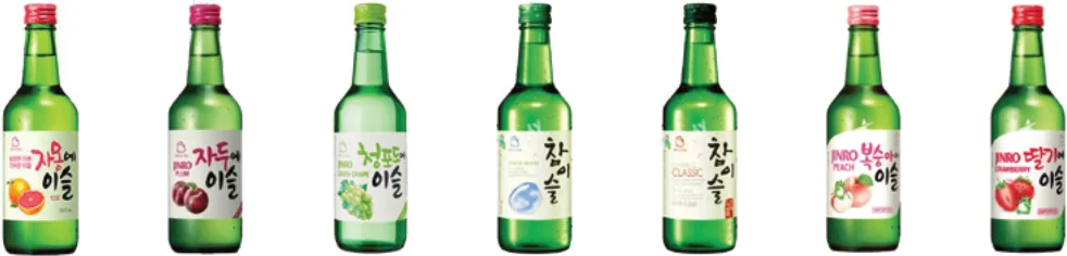 Seven bottles of Jinro soju in different flavours