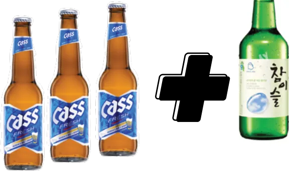 Three bottles of Cass beer and a bottle of Chamisul soju